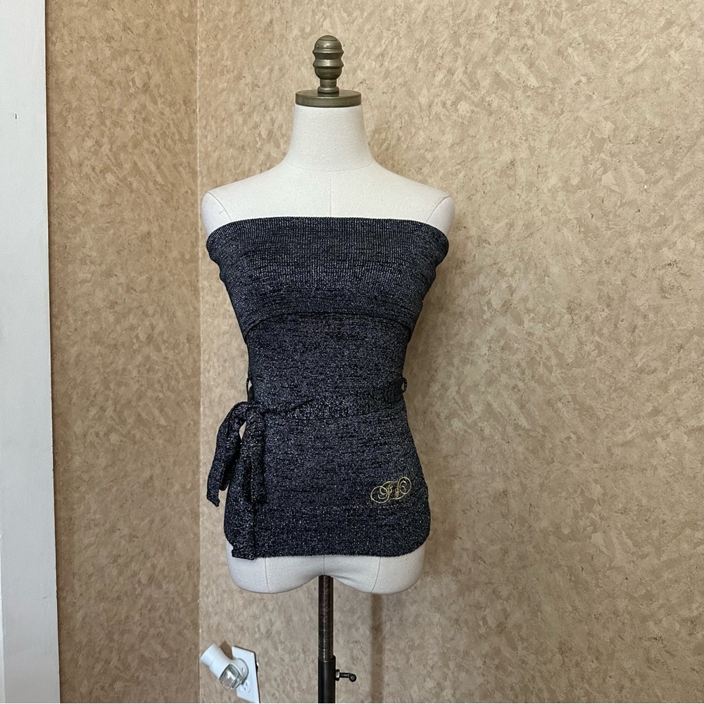 VTG Y2K 90s Gray Silver Shimmer Foldover Belted Strapless Fitted Tube Top